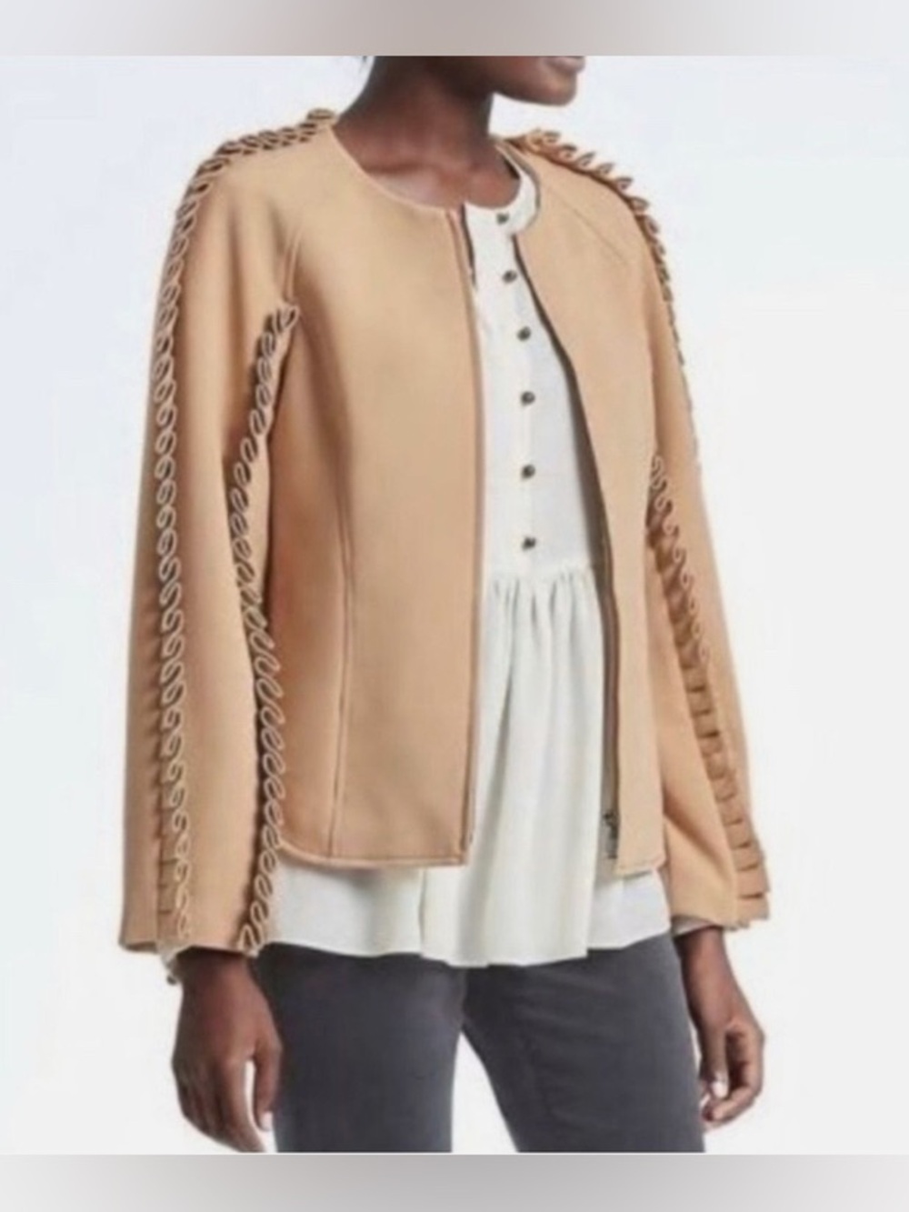 Banana Republic x Olivia Palermo Ruffle Sleeve Bomber Jacket - Tan/Camel, Sz M
